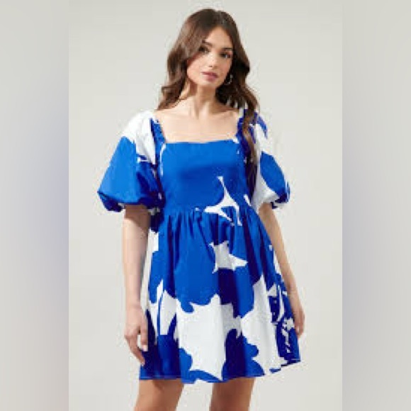 Sugarlips Boutique Blue & White Floral Mini Dress | Bubble Sleeves - XL - Picture 2 of 5